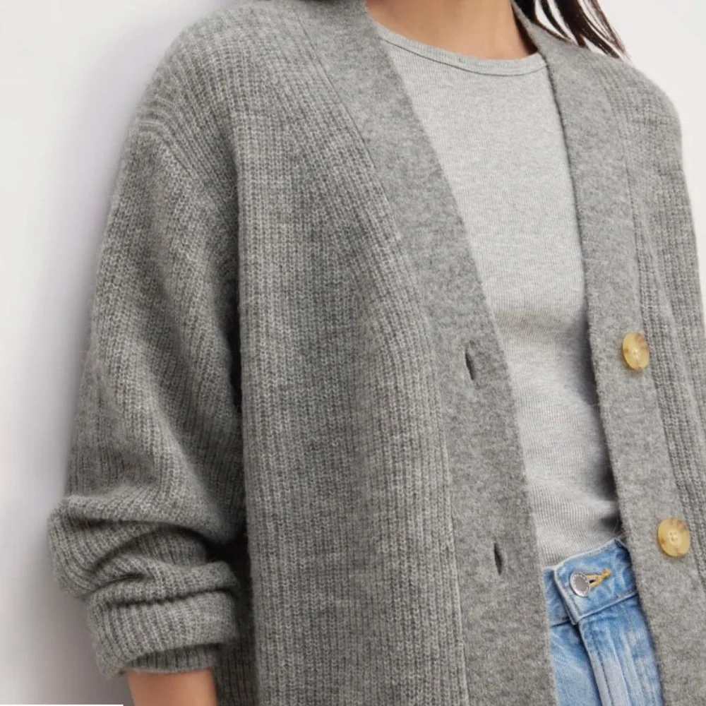 Everlane Oversize Alpaca Pocket Cardigan Heathered Stone Sweater Wool Light S - Picture 3 of 10